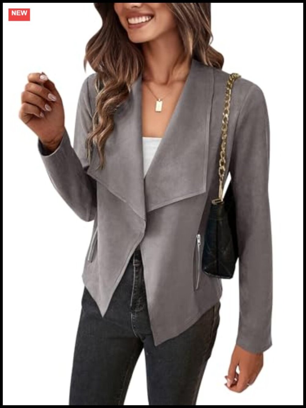 Faux Suede Cropped Jacket Waterfall Collar Open Front Pockets Women's